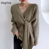 NEPLOE CHIC CRISS-Cross V-Neck Sweter Sweter Kobieta Bandaż Slim Talii Design Dzianiny Topy Mujer Długoszechane Swetry Jesień Nowy Y1110