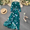 Strandstil Koreansk Lace Up V Neck Puff Långärmad Chiffon Blus Kort Slim Ruffles Floral Split Kjolar Fashion 2piece Sets 210610