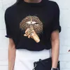 DüzeltmeSys Kadın Leopar Dudaklar Kısa Kollu Baskı Giysi Bayanlar Yaz Yeni Moda T-Shirt Siyah Kadın Rahat T Gömlek Tops X0628