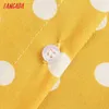 Tangada Summer Women Yellow Dots Print French Style Dress Bow Puff Short Sleeve Ladies Midi Dress Vestidos 2W169 210609