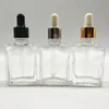 Flacone di vetro contagocce per succo liquido quadrato da 30 ml Flacone di profumo vuoto per e-juice Rettangolo con tappo nero dorato argento per Essential Oi