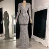 Silver Sequin Formal Evening Dresses Long Sleeves Mermaid Prom Dress Dubai Arabic Women 2021 Vestidos De Fiesta Pageant Gowns