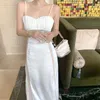 Robe Maxi en Satin blanc sans manches, Sexy, longue, Design de coquille, dentelle, Patchwork, pour femmes, 234n