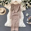 YuooMuoo Women Knitted Bodycon Dress Autumn Winter Elegant Day Single-breasted Slit Midi Dress with Belt Office Ladies Dresses Y1006