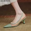 AllBinEFO Boyutu 33-43 Şeffaf Malzemeler Hakiki Deri Koyun Derisi Astarı Yaz Kadın Sandalet Moda Kadın Topuklu Ayakkabı 210611