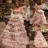 Blush Beaded Wedding Dresses Off The Shoulder Neck A Line Tiered Ruffles Bridal Gowns Sweep Train Tulle robe de mariée