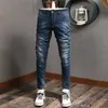 Style italien Mode Hommes Jeans Rétro Bleu Foncé Élastique Coton Slim Fit Déchiré pour Haute Qualité Vintage Designer Pantalon OITZ