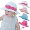 Bomull 2021 Baby Girls Big Brim Bucket Hat Infant Summer Bow Floral Outdoor Beach Sun Hat Rosette Panama Hats Lace-Up Cord Cap