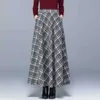 Żółta w stylu vintage Plaid Long Spódnica Koreańska szara elastyczna elastyczna kieszonkowa wełniana kieszonkowa spódnice damskie biuro Prace Casual Streetwear 210619