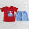 Wholesale Baby Boy Boutique Clothing Embroidery Cute Cow Cotton Red Top Seersucker Shorts Children Summer Sets Kids Outfit X0802