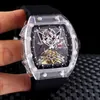 손목 시계 남성 흰색 플라스틱 스켈레톤 다이얼 시계 자동 기계식 Tourbillon Sapphire Glass Back 시계