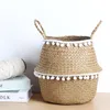 Storage Baskets 3PCS Wicker Folding Laundry Basket With Beads Rattan Seagrass Belly Plant Container Garden Flower Pot Decor