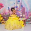 Princesa Girl Girl's Pageant Vestidos Amarelo Organza fora do ombro Crianças Formal Party Wear Puffy Lace Appliqued Flor Girl Vestidos de Aniversário da Criança AL9968