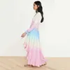 Sommar Kvinnors Klänning Bohemian Utskrift Gradient Elegant Maxi Patchwork Rainbow Color Beach Dress Ruffles Sweet Vestidos 210712