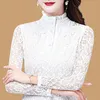 Kvinnor Spring Autumn Style Slim Lace Bluses Shirts Lady Casual Long Sleeve Turtleneck Flower Printed Lace Blusa Tops 210302