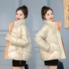 Damen-Daunenparkas, glänzender Stehkragen, Damen-Winter-Pufferjacke, Übergrößenmantel, Windschutz, gesteppte Mäntel, abgeschnittene Kawaii-koreanische Jacken, O