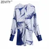 Zevity Women Vintage V Neck Bläckmålning Knitted Casual Smock Blouse Office Lady Patchwork Kimono Shirts Chic Blusas Tops LS7430 210603