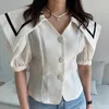 Korejpaa Mulheres Camisa Verão Coreano Coreano Retro Marinha Coleira De Trim De Trim De Contraste Três Botão Slim Slim Buff Manga Blusas 210526