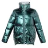 Abrigo de burbuja de invierno Wome Green Parka Streetwear suelto cálido engrosamiento chaqueta acolchada corta femenina vinilo plateado puffer outwear 210525