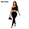 Cm.yaya Streetwear Solid Dames Set Lace Up One Shoulder Cro Tops and Pants Set Matching Two 2 Piece Outfits Active Tracksuit Y0625