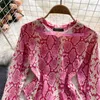 Women Design Snake Print Rompers Stand Collar Long Sleeve Slim Jumpsuits Summer Retro Fashion Streetwear Bodysuit 210715