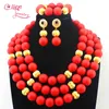 Örhängen halsband afrikanska nigerianska bröllopspärlor sätter röda korall stora runda pärlsmycken set kostym e1079