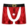 Maillots de bain pour hommes Mens Glossy Claus Santa Underpants Christmas Faux Leather Bulge Pouch Lingerie Sous-vêtements Découpe Nouveauté Fourrure Boxer Shorts