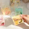 380ml Kawaii Strawberry Glass Water Cup Drinkware Cute Square Clear Wine Milk Carton Juice Wholesale Breakfast Cups For Girl 211122