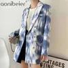 Frauen Mode Single Button Tie-Dye Print Blazer Mantel Vintage Langarm Taschen Weibliche Oberbekleidung Chic Tops 210604