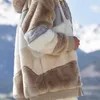 Giacca da donna in pelliccia sintetica invernale da donna in felpa calda con cappuccio, cappotto oversize a blocchi di colore a maniche lunghe D08E