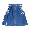 Denim A-line lace-up skirt front ring zipper fashion empire mini skirt bottom 210721