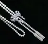 Newhand Knotting Womens jóias 8-9mm 120 cm micro incrustado Zircon Bowknot Acessórios Branco Colar de pérolas de água doce