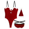 Women Christmas Dress Up Party Lingerie Adjustable Straps Red Velvet Bodysuit Mrs Claus Santa Cosplay Sexy Costume Xmas Outfit