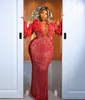 Plus size Arabische aso ebi rode luxueuze sprankelend prom -jurken kralen veren sexy avond formeel feest tweede receptie jurken jurk zj324 407