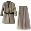 Plus Size Women's Suit Blazer Dress Long Jacket Mesh es Two Piece Set With Belt Elegant Women Winter Coat Sets 211106