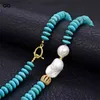 GuaiGuai Jewelry Freshwater Cultured White Keshi Pearl Blue Disc Turquoises Gems Stone Necklace 20"