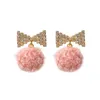 Bengelen kroonluchter roze witte chique kleine haarbal drop oorbellen pendientes mode Koreaanse kristal boog-knoop charme feestje sieraden voor vrouwen