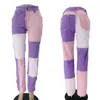 Jesienna patchworka proste dżinsowe spodnie damskie Pieszenia Zamek Zamek Kieszczyka Kobieta Modna streetwear Casual Ladies Bottom 210302