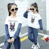 Kids Clothes Set Children's Sports Suits Cartoon Lovely Dog Print Sweatshirt and Blue Jeans Pants Fashion Christmas Outfit 210622