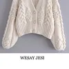 Wesay Jesi Kvinnors Vår Strikkad Cardigan Kvinnor Sweater Tjock Look Lantern Sleeve Pearl Button Short Sweet And Lazy Style 210918