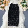 FTLZZ Women Sequins Pencil Skirts Korean Elegant Mid Length Bodycon Jupe Spring Sexy Femme Trend High Waist Slim Shinny Skirt 210629