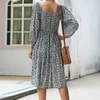 Fashion Boho Women Dress Floral Printed Vintage Square Collar Lantern Sleeve Button Spring Autumn Female Beach Dresses W190 210526