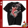 Sommarprodukt original kinesisk stil Koi broderi Half Sleeve Mäns Stora Bomull Kort T-shirt Fritid 210716