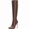 Marron marque Designer Faux cuir femmes bottes hautes bout pointu bottes femmes longues Super haut talon bottes à glissière