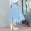 Kvinnors Jeans Ruffled High Waist Midi Skirt Denim Pläterad Blå A-Line Patchwork Ladies Solid Kjolar Sommar Höstkläder 210621