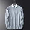 Men's Sweaters Men's Men Fake Two-piece Pullover Shirt Collar Sweater Oversized Knit Top Gray Black Faux Knitwear Knitted Long Sleeve