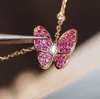 S925 Silver Nouvelle Arrivée Butterfly Forme avec fuchsia et collier diamant blanc à 18k rose plaqué or pour femme de mariée bijoux cadeau gratuit