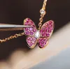 S925 Silver New Chegada Butterfly forma com fúcsia e branco colar de diamante em 18k rosa banhado a ouro para mulheres casamento jóias presente grátis