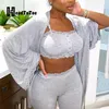 Laço Sólido Crochet Bra Crop Tops Skinny Calças Aberto Dianteira Casacos Longos Conjunto Loungewear Mulheres Casuais 3 Peça 211105