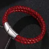 Charm Bracelets Double Layer Retro Red Braided Leather Bracelet Men Stainless Steel Magnetic Clasp Bangles Fashion Jewelry Male Wrist Band G